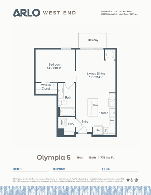 Floor plan for 1 bed, 1 bath, 738 sqft